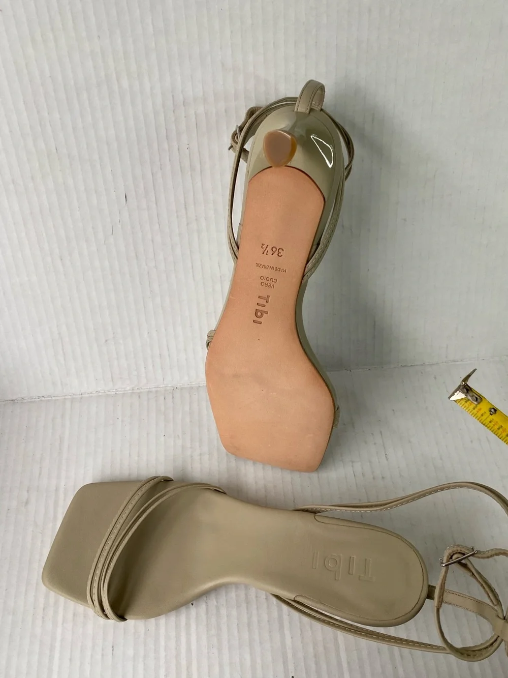 NWOT • TIBI Harper Leather Square Toe Strappy Kitten Heel Sandal Taupe 6.5